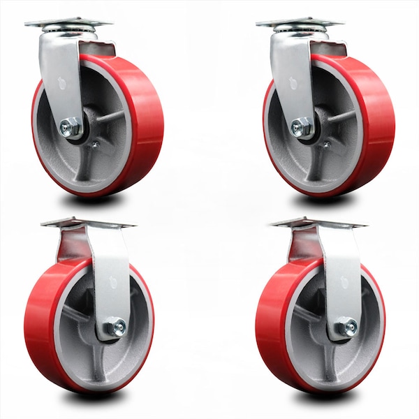 6 Inch Red Poly on Cast Iron Caster Set with Roller Bearings 2 Swivel 2 Rigid